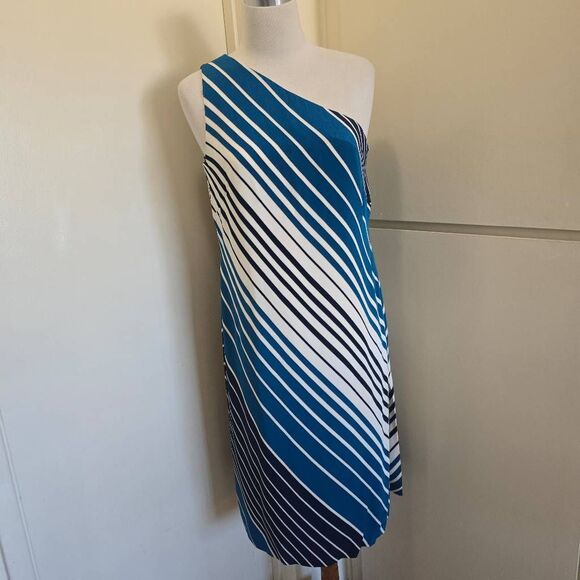 Jones New York Diagonal Stripe Silk 1 Shoulder Dress, Ivory/Blue, NWOT,S.10 - Picture 5 of 8
